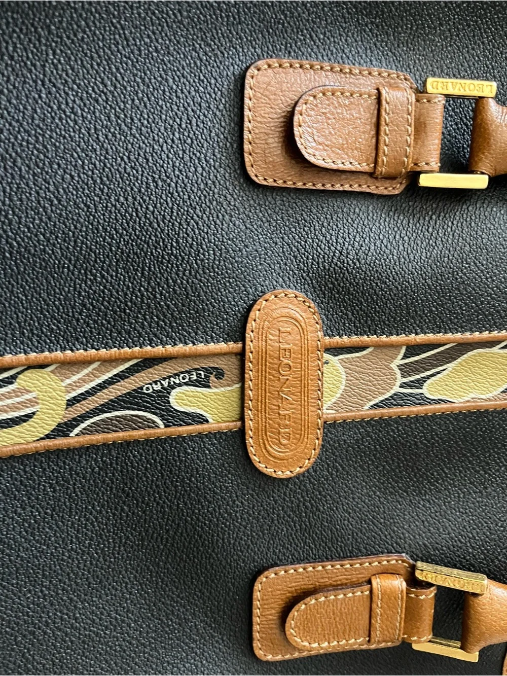 LEONARD Black and Tan Men's Tote Bag with Patterned Accent